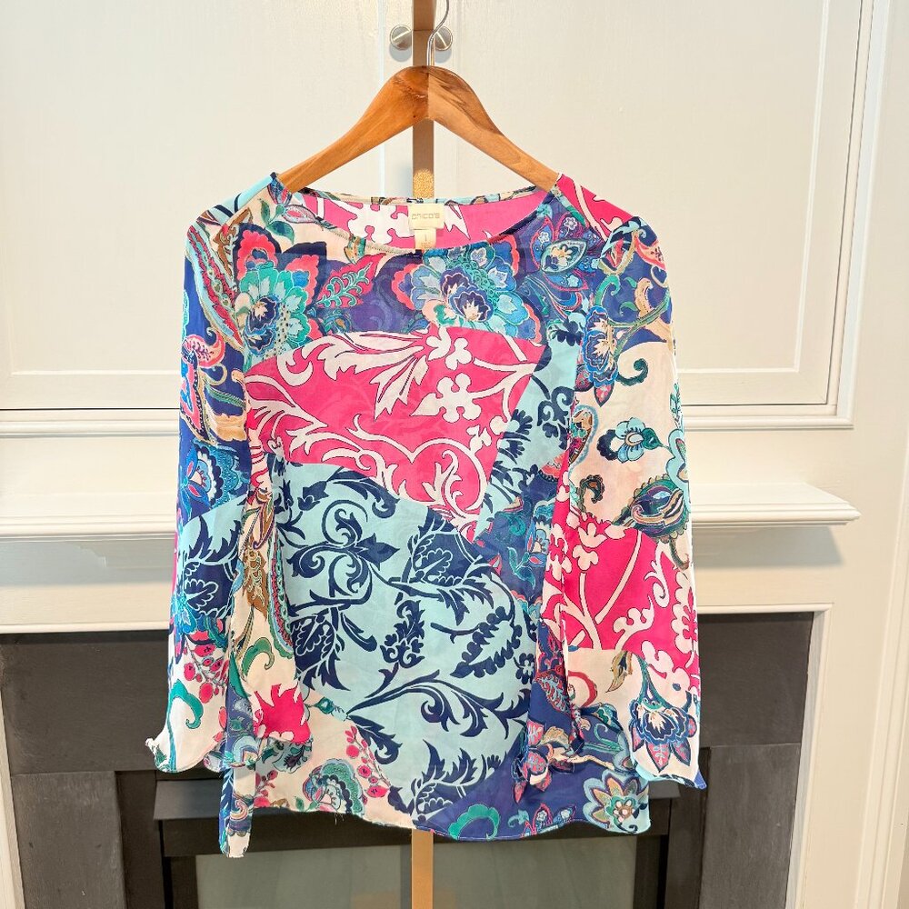💙💗💚 Chico’s Multicolor Floral Patchwork Blouse | Size 1 (M/L)